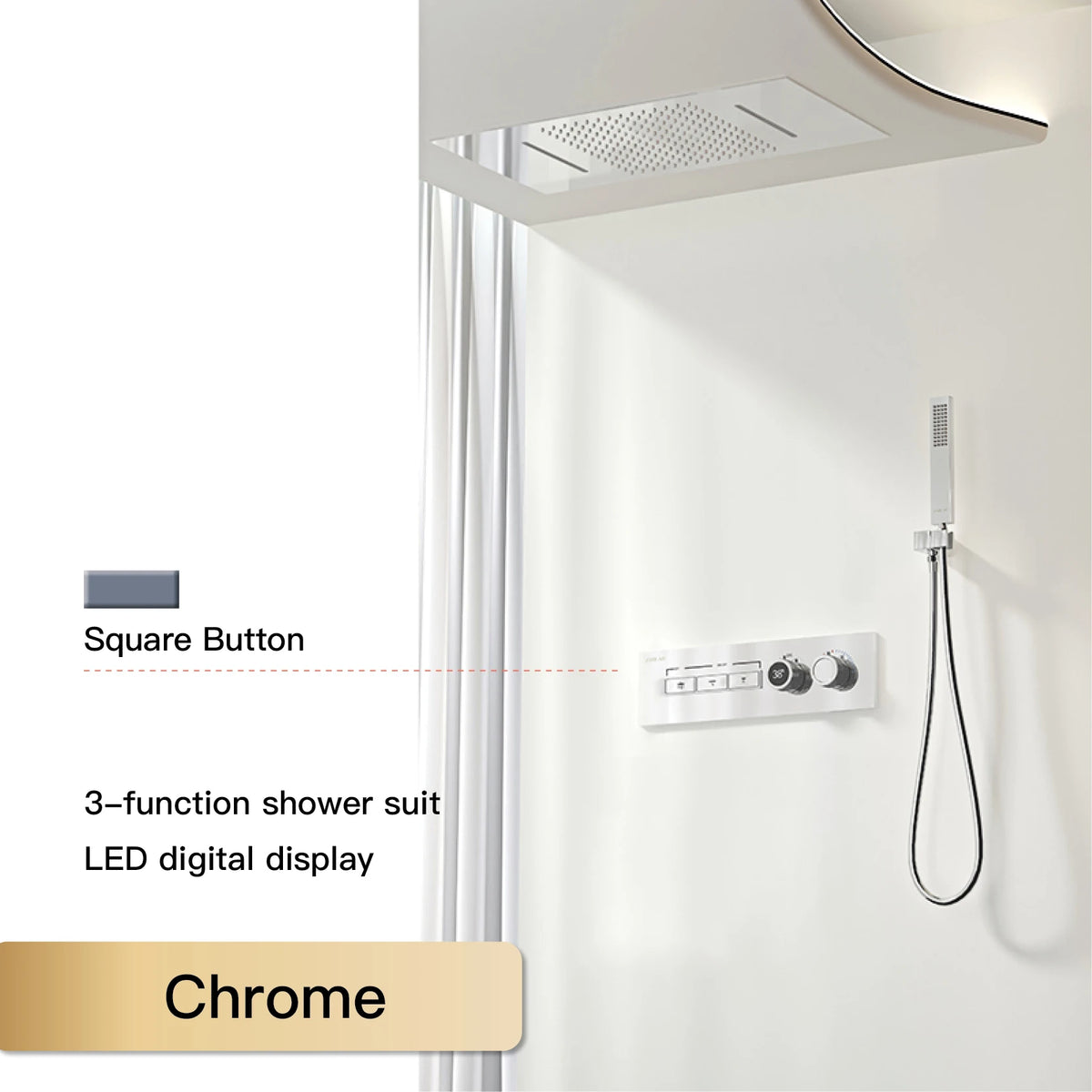 Luxury Black Brass Shower System, Wall Mounted Led Digital Display, Cold Hot Dual Control, Four Function Ceiling Shower Tap