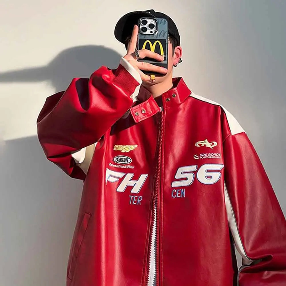 Men’s PU Leather Racing Jacket Oversized, Zip-Up Varsity Bomber Coat, Streetwear Motorcycle Style