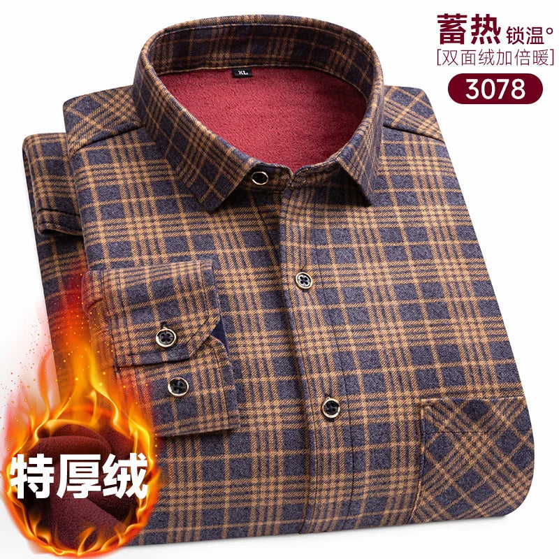 Men's long-sleeved shirt with double-sided fleece thickened warmth, 8XL, 9XL, casual winter fashion, versatile for the street
