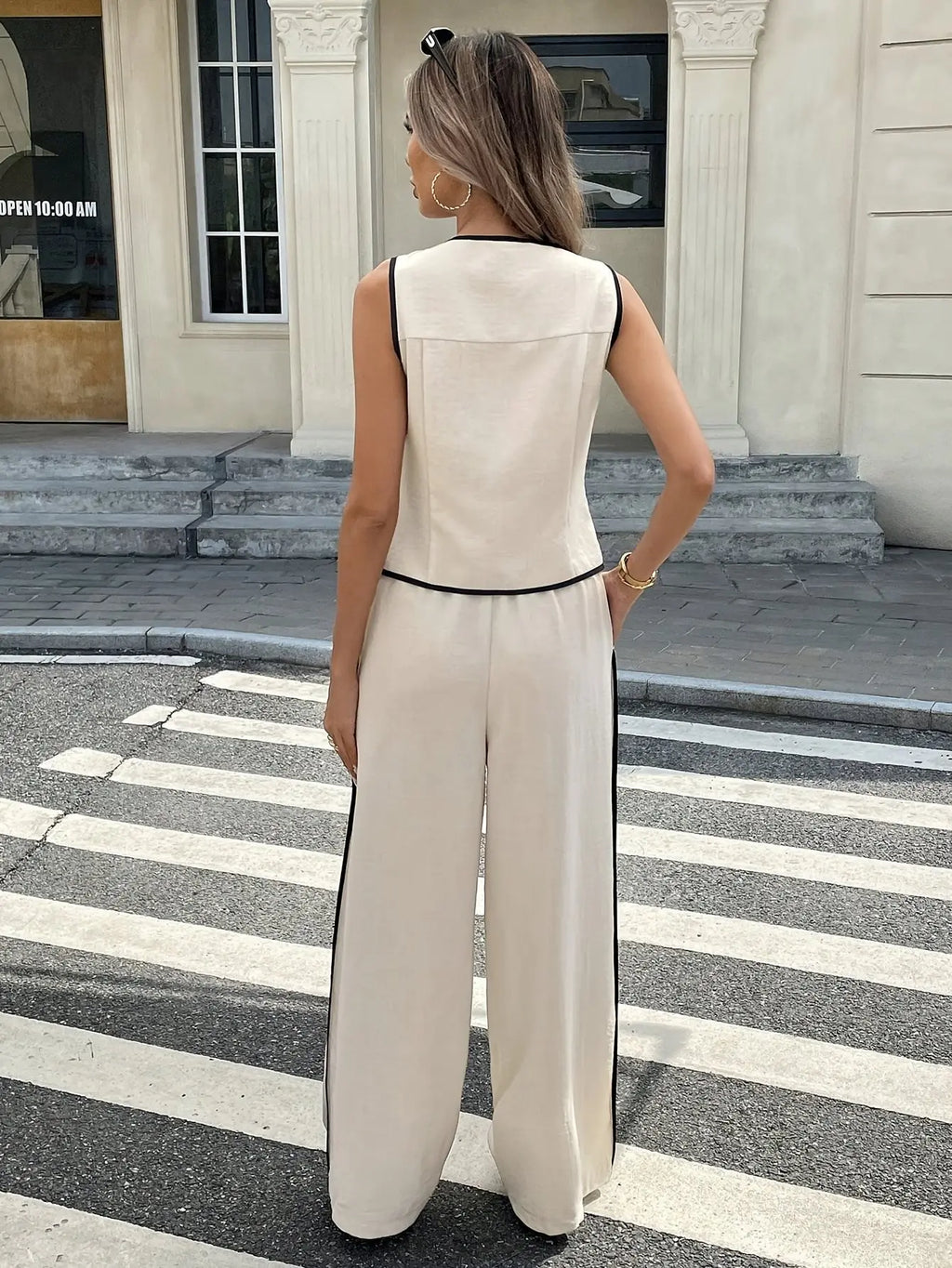 2026 New Multi Color Contrast Edge Tank Top and Trousers Suit Ladies Sleeveless Waistcoat Loose Pants Daily Travel Streetwear