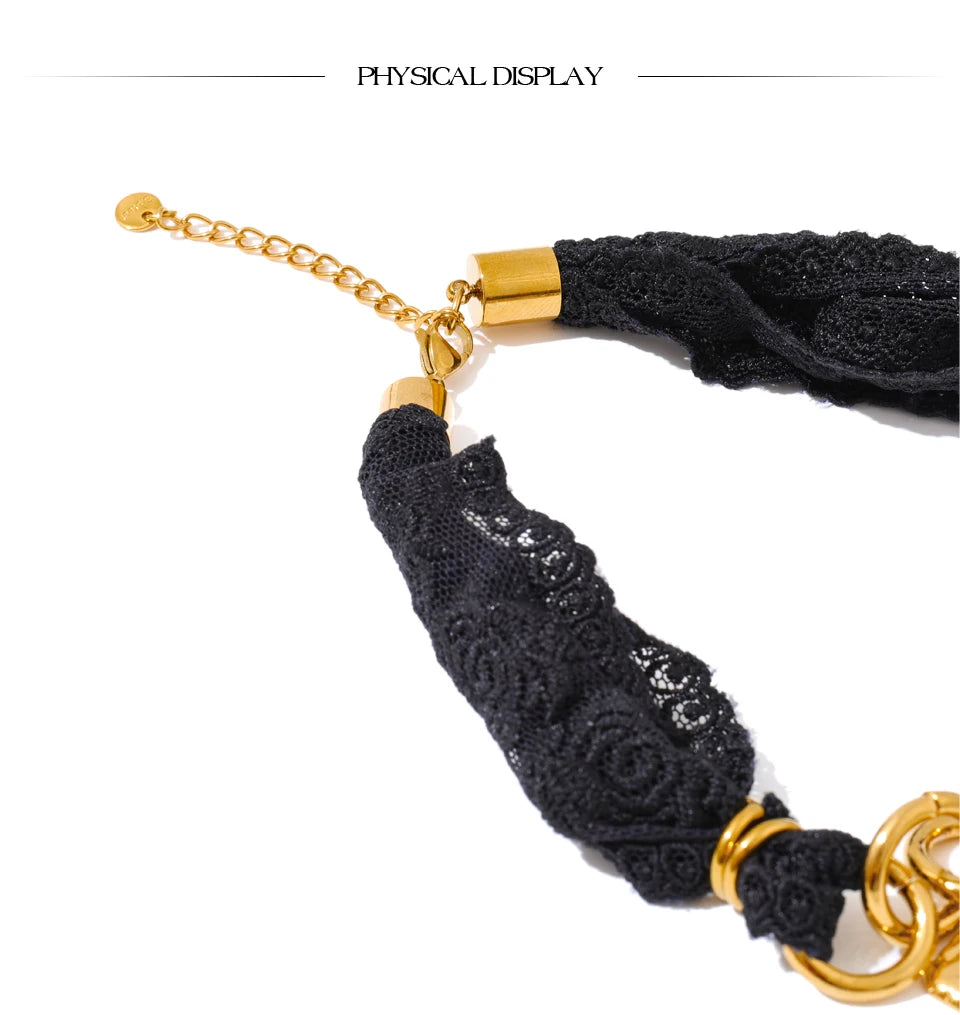 Yhpup 2025 Black Lace Chain Heart Elephant Pendant Statement Necklace 18K Golden Plated Stainless Steel Charms Handmade Jewelry