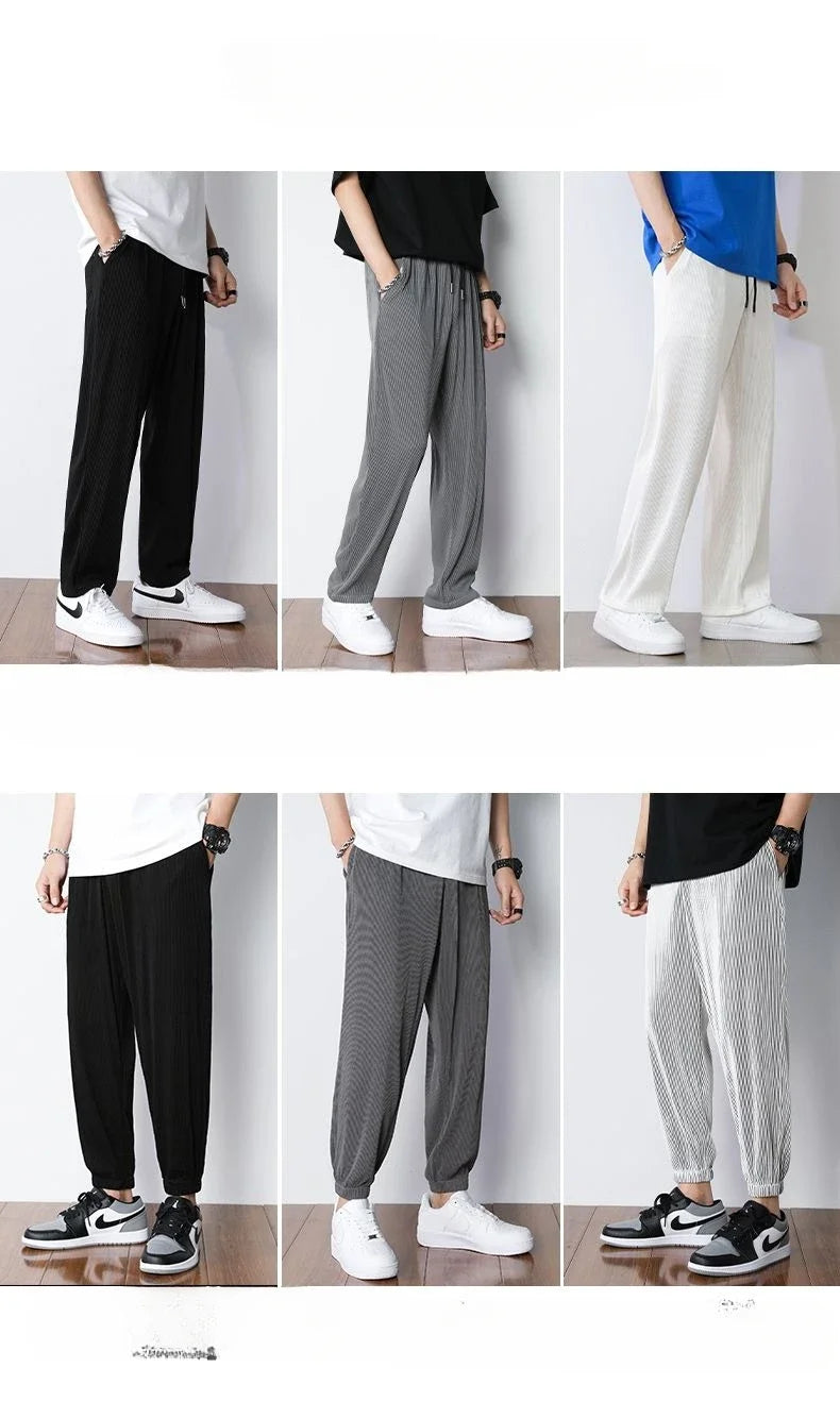 Summer White Casual Pants Men's Ice Silk Pants Men's Drape Floor Mop Pants  Korean Straight Loose Wide Leg Long Pants