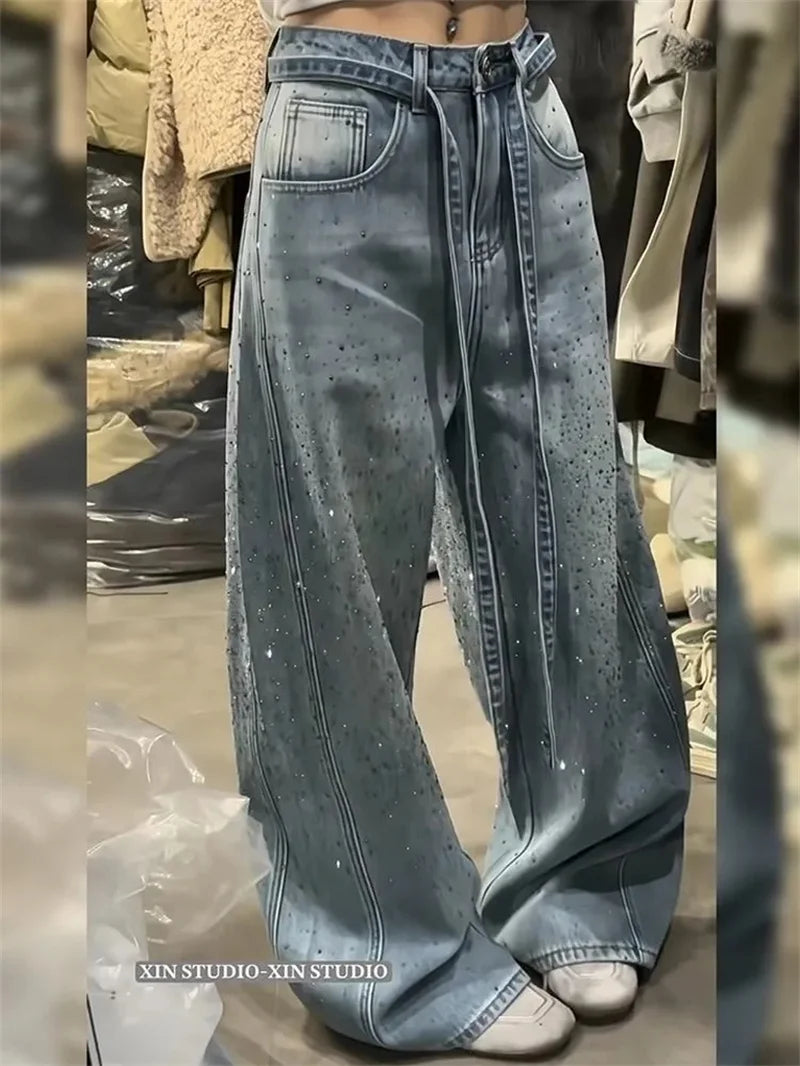 Korean Loose Women Denim Pants 2026 New Autumn Winter Retro Hot Diamond Long Cowboy Trousers Ladies Casual Streetwear Jeans