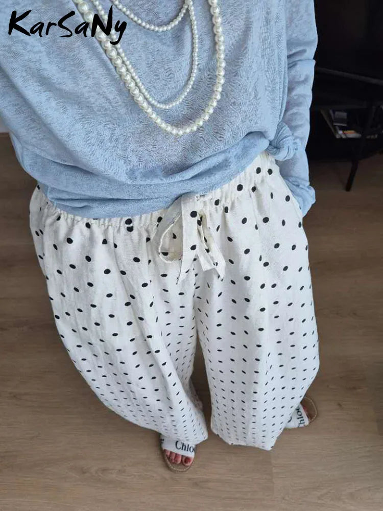 Polka Dot Cotton Linen Pants White Women Wide Leg Summer Spring Baggy Trousers For Woman High  Waist Linen Loose Pants Women