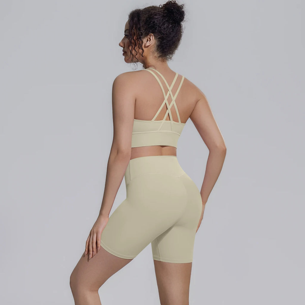 2PCS/set Yoga Set Summer Breathable Running Cycling Backless Sports Bra High Waist Peach Buttocks Fitness Shorts Gym Yoga Set