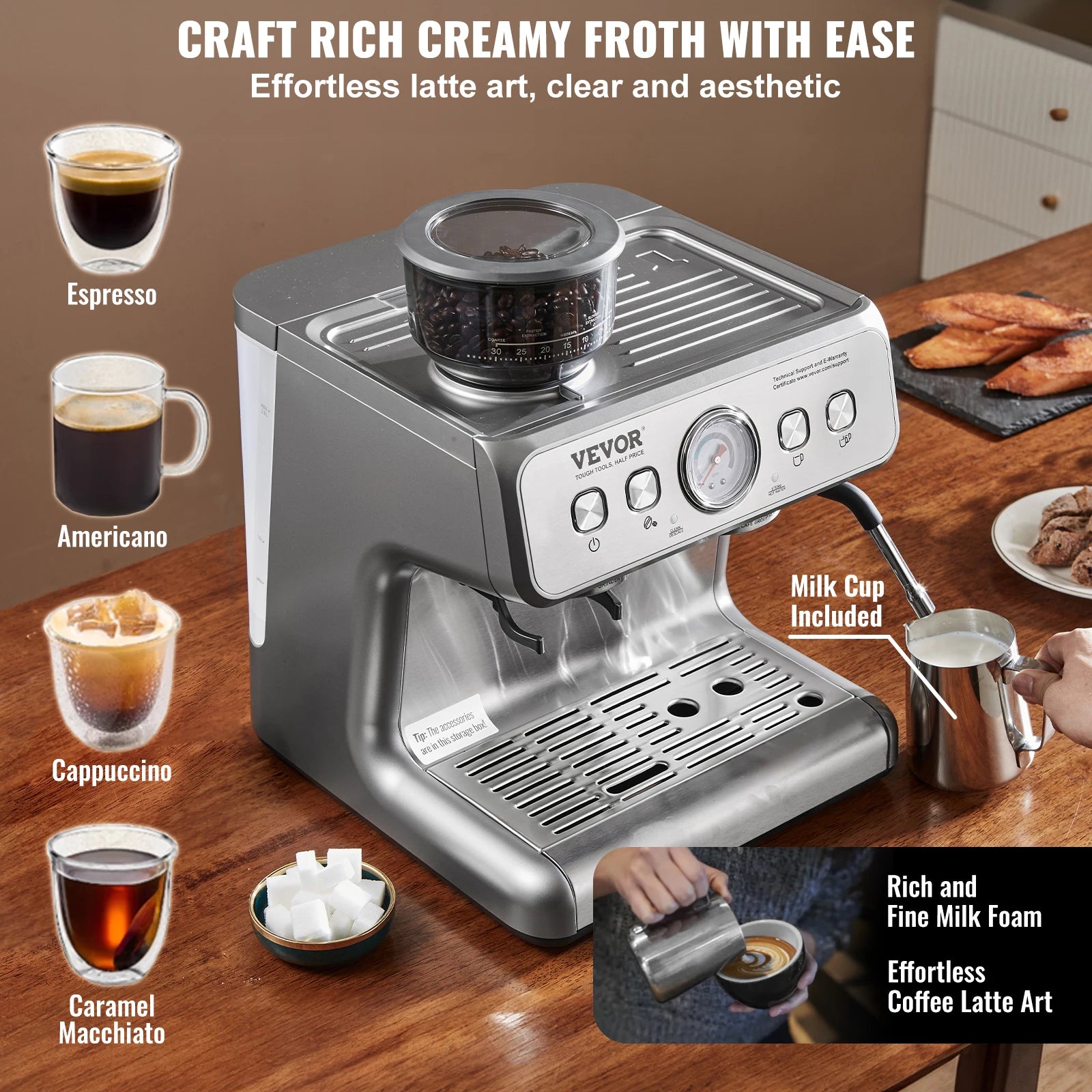 SucceBuy Espresso Machine with Grinder 15 Bar Semi-Automatic Espresso Coffee Maker with Milk Frother Steam Wand - Beauty