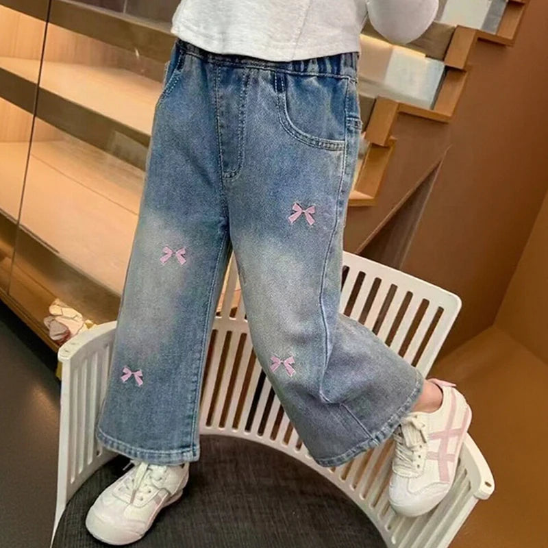 Girls' Jeans Straight Wide Leg Washed Soft Cow Pine Girl All-Match Wide and Long Pants Spring New