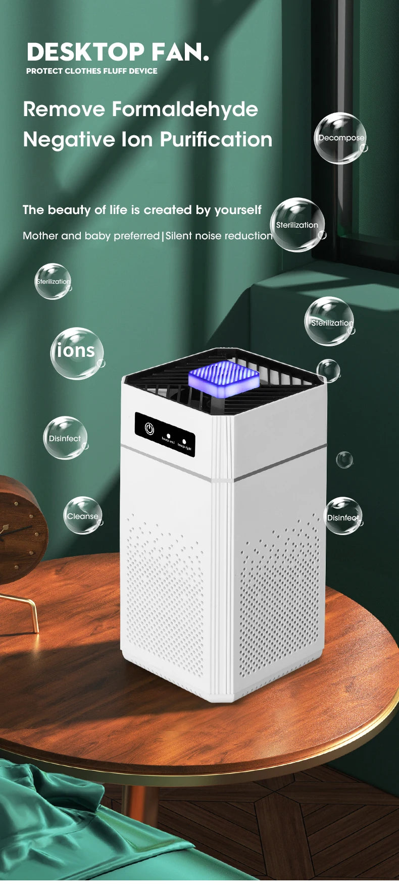 Smart Intelligent Desktop Air Purifier H12 HEPA Filter Negative Ions Generator Air Purification
