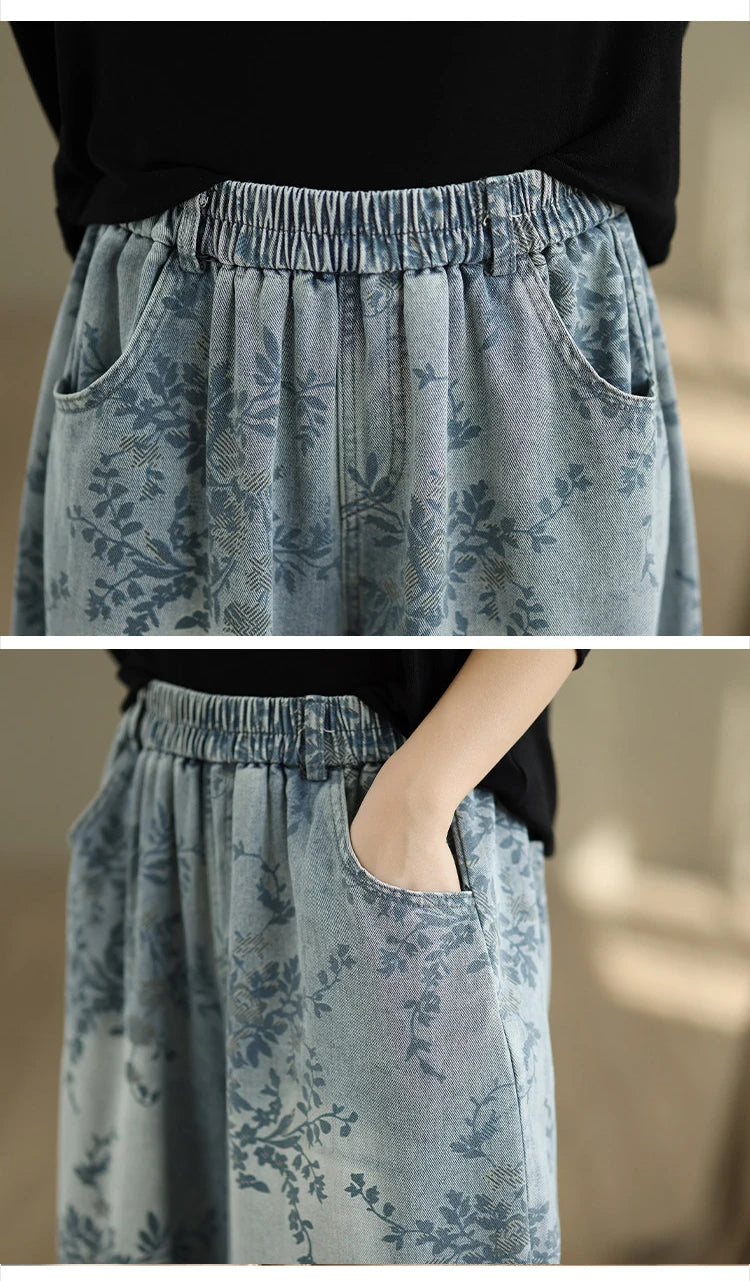 Spring Summer Retro Printed Denim Pants for Women Good Quality Elastic Waist Jeans Loose Casual Wide Leg Straight Trouser