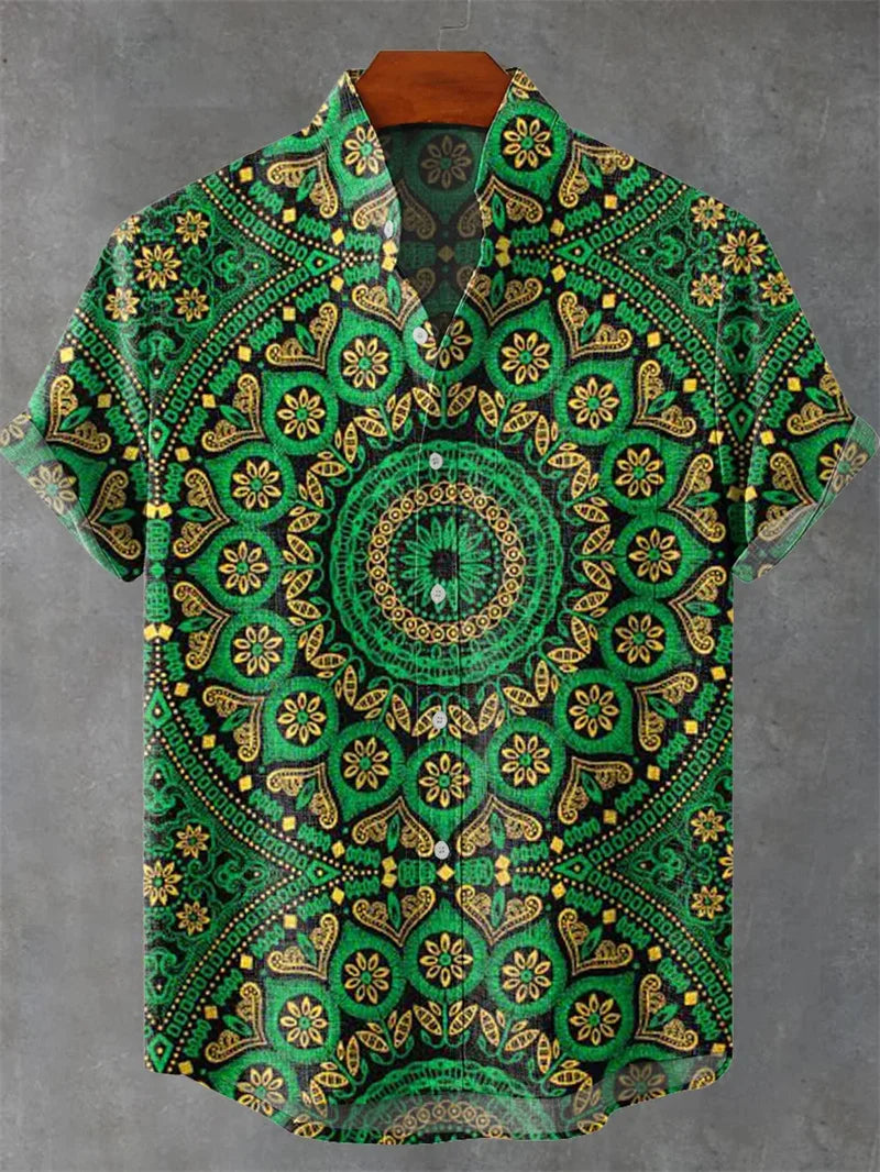 Men's Short Sleeve Shirt Vintage Ethnic Style Sunlight and Tree Illustration Art Wave Print Casual Linen Shirt,