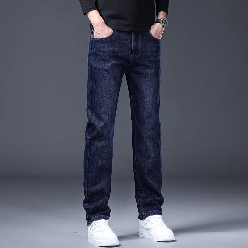 Classic Straight Men's Jeans Spring Slightly Thick Elastic Casual Office Business Trousers Fashion Comfort Washed Denim Pants