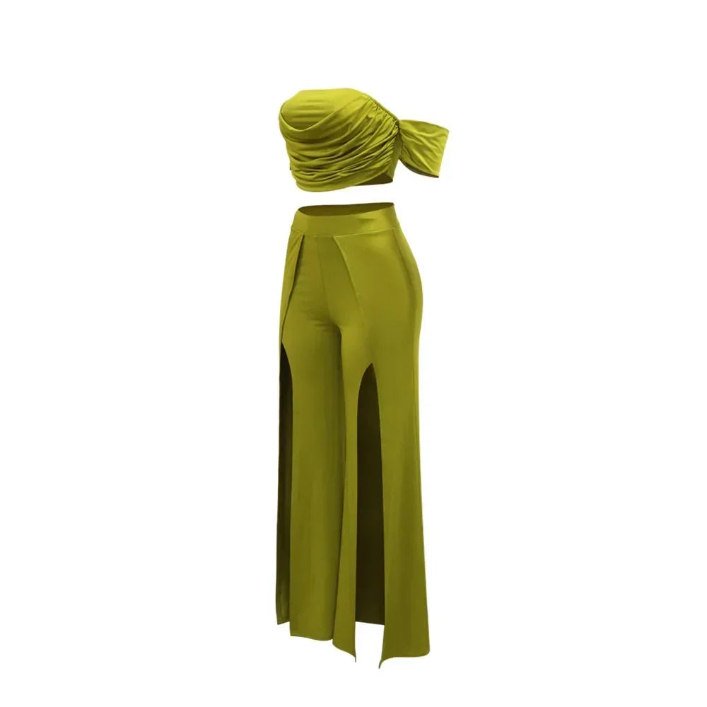 Women's Set Short Sleeve Slash Neck Ruched Tops and Wide Leg split Pants 2025 Street Two 2 Piece Sets Outfit Tracksuits