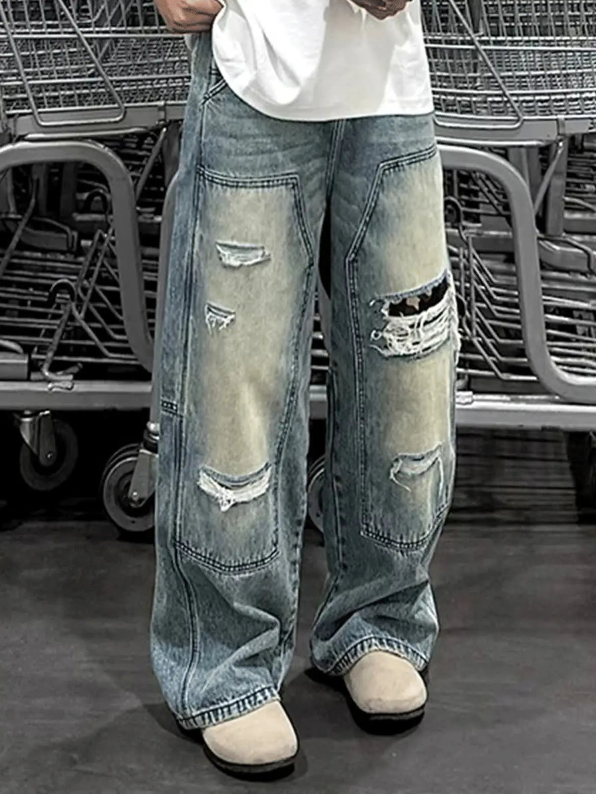 Men's Jeans Man Pants Heavy Duty Washed Multi Pocket Carpenter Style Straight Loose Denim Trousers Casual Fit High Street