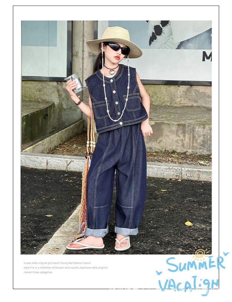 Summer teen Girls Denim Set 2024 Child Sleeveless Cowboy vest+Wide leg pants Two Piece junior kid jeans suit child outfits 10 12