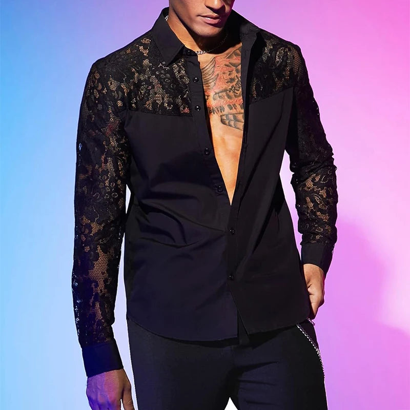 Sexy See Through Mesh Shirts Mens Long Sleeve Embroidery Mesh Lace Shirt For Men Spring Autumn Fashion Buttoned Lapel Cardigans