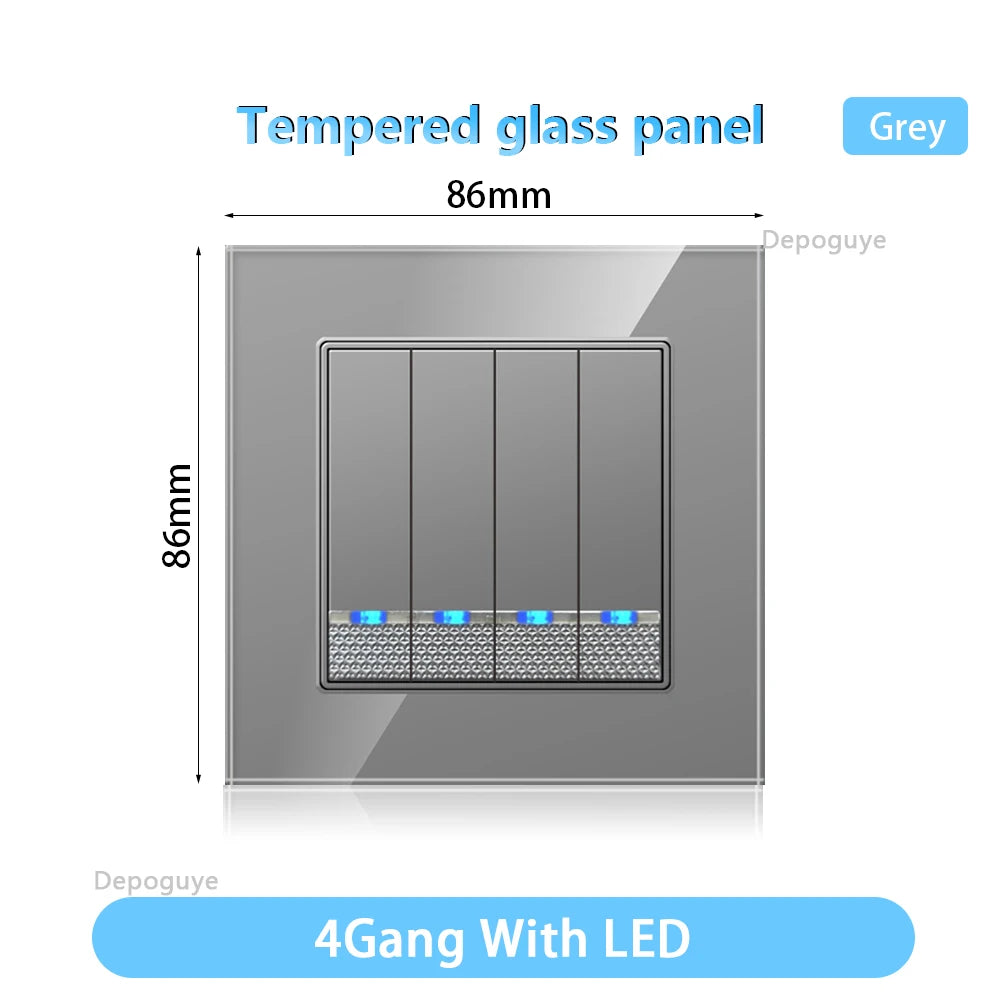 Tempered Glass Wall Switch With LED Indicator Light 1/2/3/4Gang 1/2Way EU UK Standard 16A 220V Light Switch Home Decoration