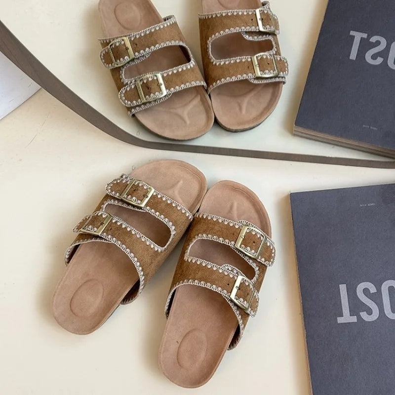 Women's Flat Slide Sandals Open Toe Suede Look Double Buckle Strap Slip on Whipstitch Detail Casual Summer Daily Walking Shoes