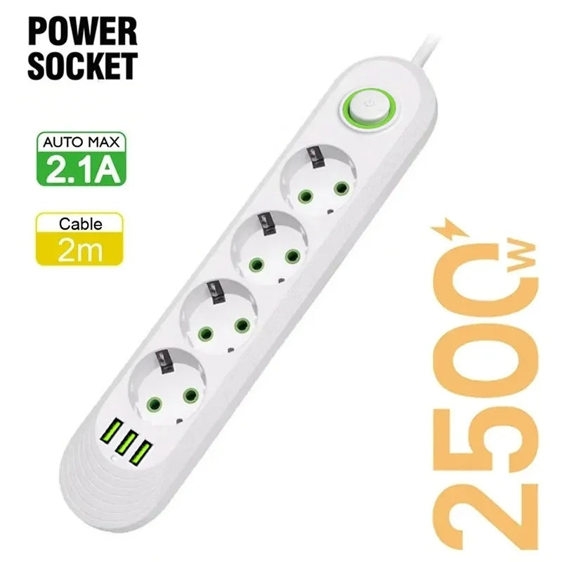 EU Plug AC Outlet 2500W Multiports Power Strip AC Outlet with 3USB Port 2m Extension Cable Round Pin Electrical Charger Adapter