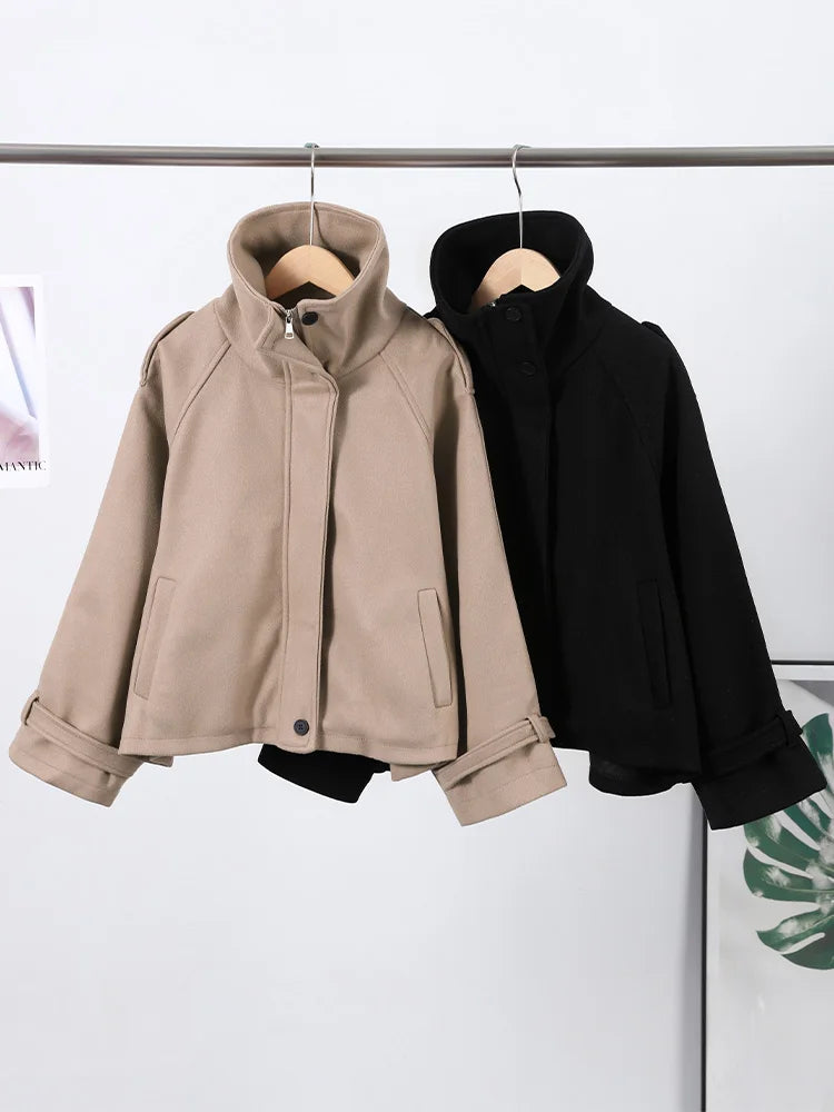 Collarless Belt Jacket Coat Lace-up Minimalism Beige Gentle Short Woolen Overcoat Waist Cinching Women Autumn Winter Overcoat