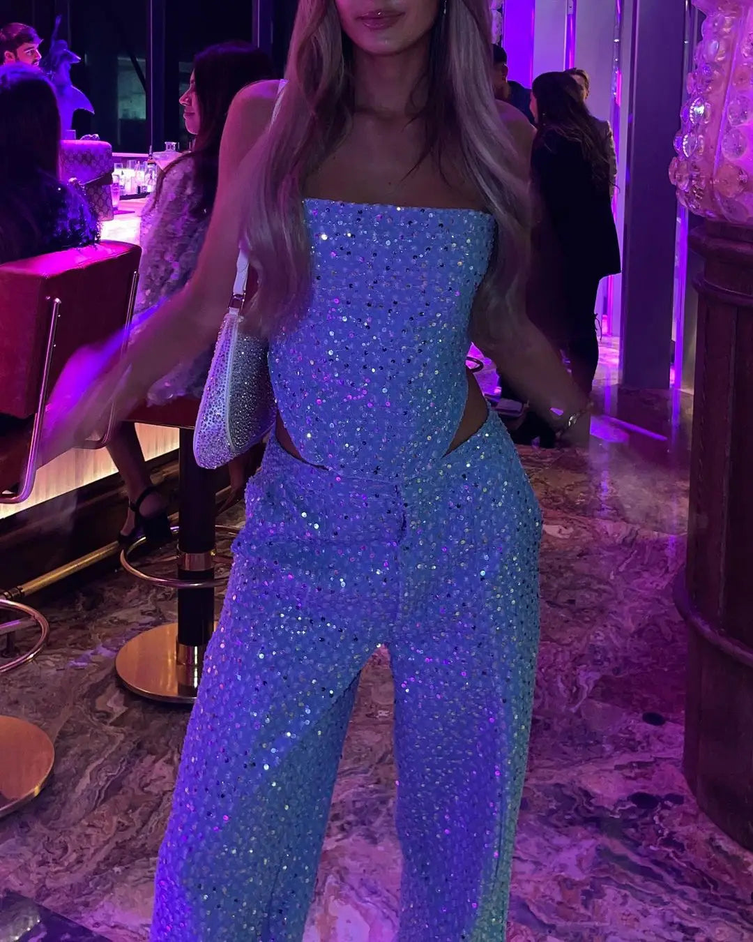 Fashion Sequins Denim Set Women Strapless Tunic Waist Crop Top and Wide Leg Pant Suit 2024 New 2 Piece Sets Outfits Tracksuit