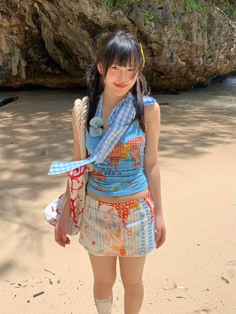 Erwofeina Hotsweet Blue Patchwork Plaid Halter Tops 2000s Clothes Y2k Sleeveless Camis Summer Tank Tops Beach Camisole Chic