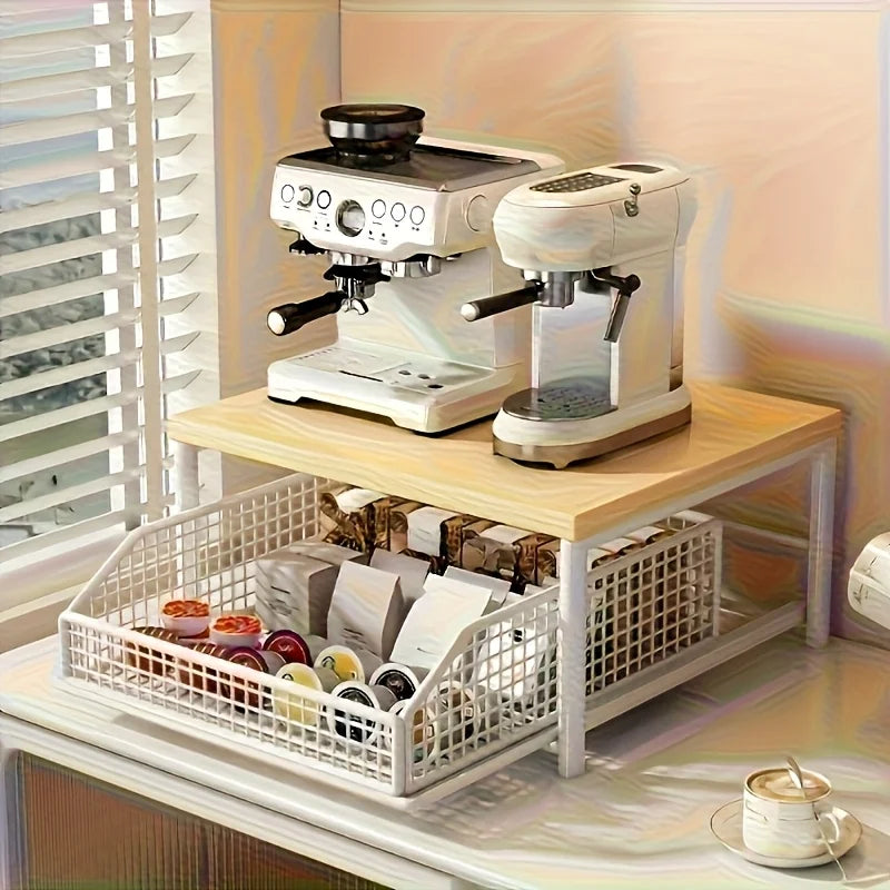 Space-Saving Kitchen Countertop Organizer with Drawer & Wire Basket - Sturdy Hardwood  Shelf for Coffee Maker.