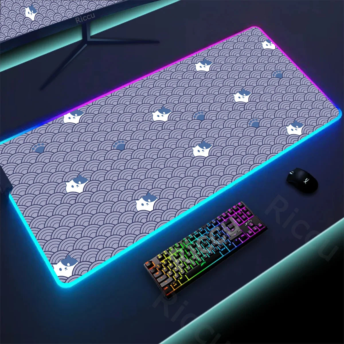 RGB Mousepad Pink Cloud Cat Cartoon Deskmat LED Backlight Gaming Keyboard Rug Computer Office Accessories Kawaii Anime Mouse Pad