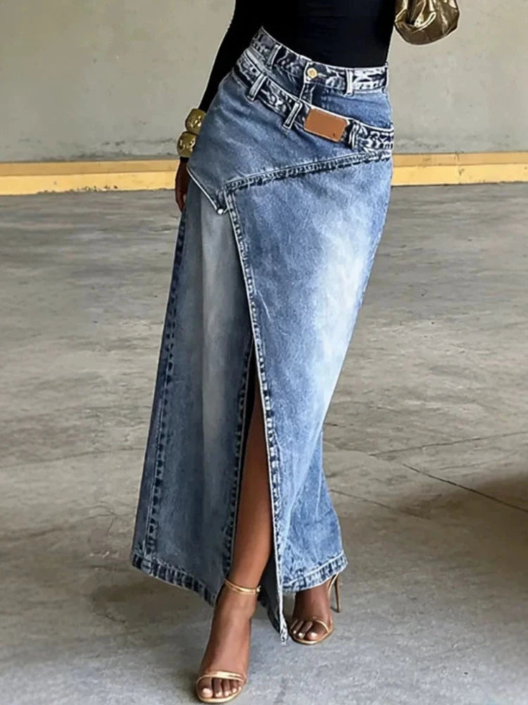2026 New Irregular Split Denim Skirt Women Fashion Loose Double Waist Stitch Design A-Line Long Skirt Casual Street Jean Skirts