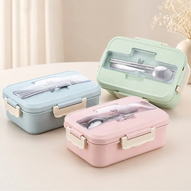 Wheat Straw Lunch Box Microwave‑Safe Portable Bento Box with Tableware Food Storage Container for Kids School Office