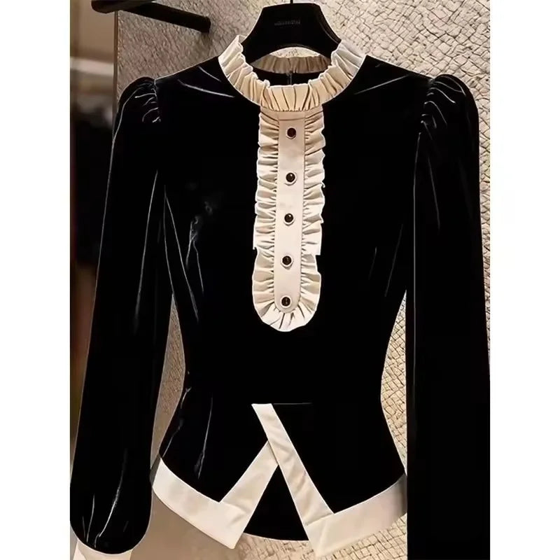 Autumn New High-Quality Fake Two Pieces of Black Stitching Velvet Shirt Women's  Fashion Long-sleeved Elegant Casual Lady Blouse