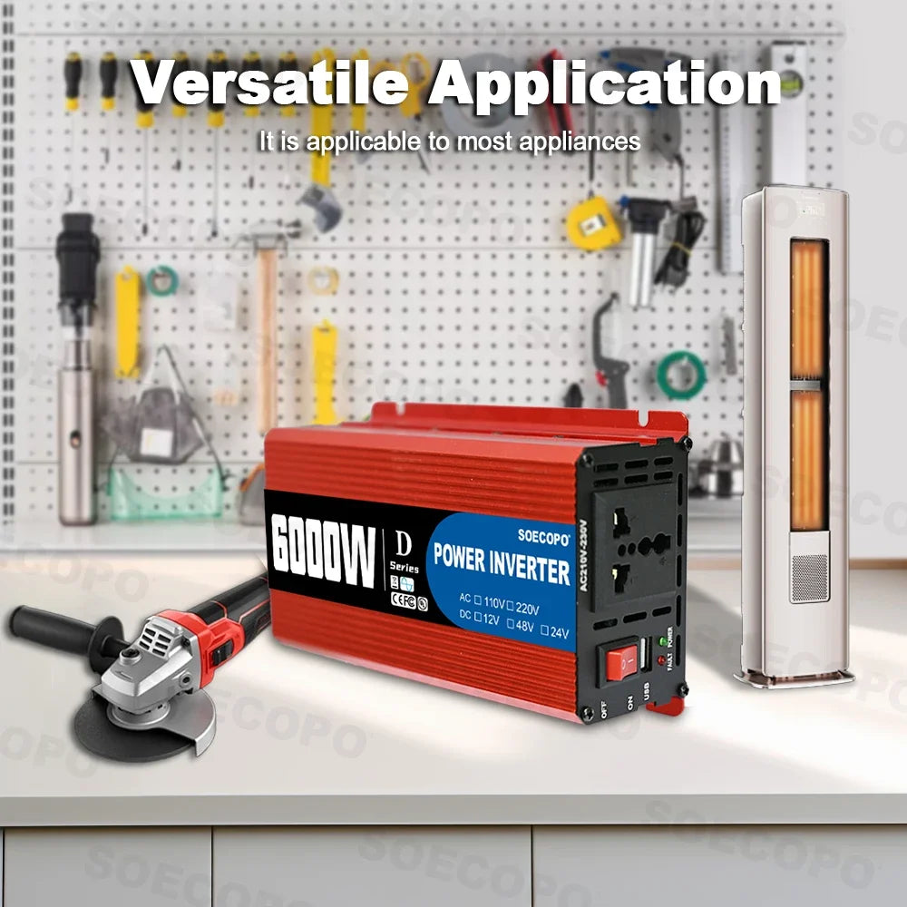 6000W Portable Smart Inverter 12V/24V/48V to 110V/220V AC with USB Port & Alligator Clamps for RVs Trucks Worldwide CE Certified