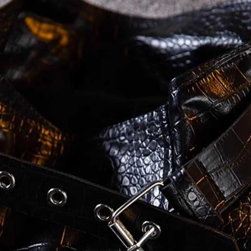 Gmiixder Functional Imitation Crocodile Leather Jacket Men's Spring Autumn American Retro High Street Motorcycle Leather Coat