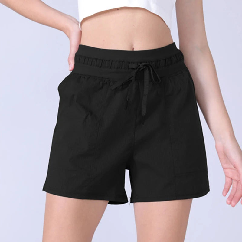 Women Casual Straight Sporty Shorts Summer Outwear Quick Dry Loose Short Pants All-Match Solid High Waist Drawstring Yoga Shorts