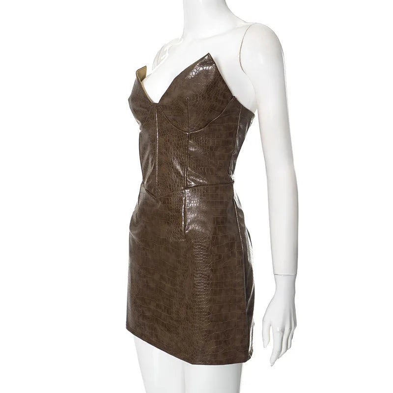 Luxury Leather Strapless Short Dress Women's Sexy Party Curvy Mini Dresses Evening Corset Red Brown Cocktail Autumn Fall 2026