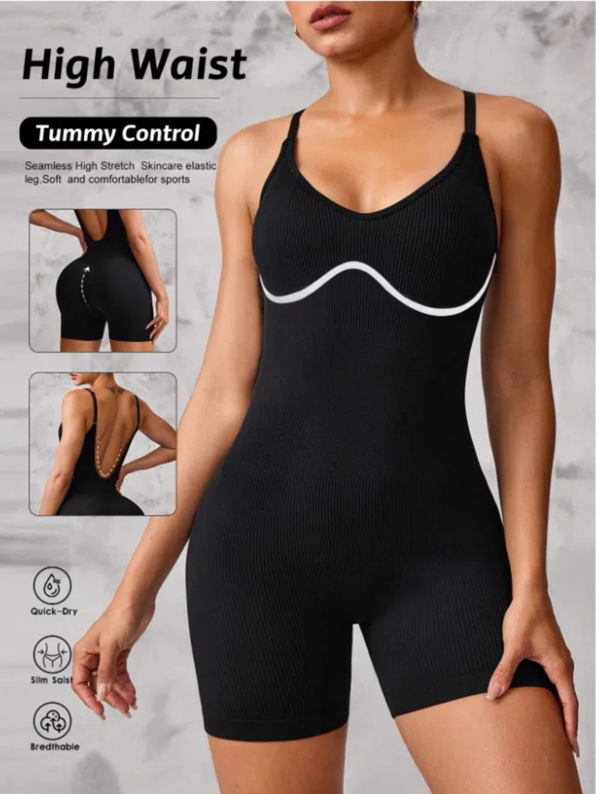 Women Contrast Line Cami Jumpsuit Tummy Control Butt Lifting Bodycon Short Unitard For Yoga Pilates Fitness Workout