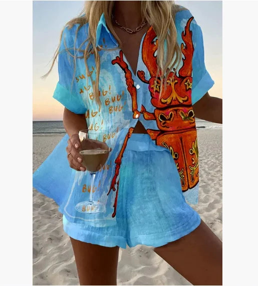 2025 New Summer Vacation Shorts Set 3D Printed Seaside Tropical Casual Lapel Shirt Blouse Top Shorts 2-Piece Suits Beach Holiday