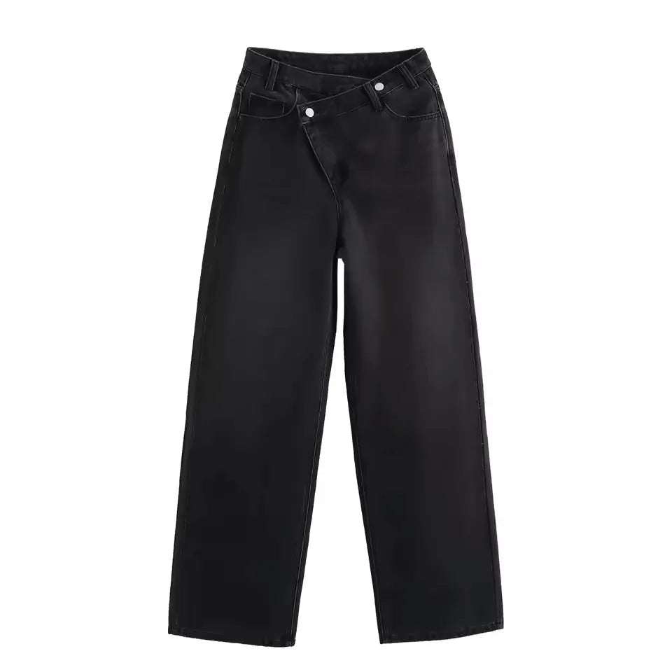 HH Women Trendy Cross Waist Wide Leg Jeans Asymmetrical Button Fly High Waist Baggy Denim Pants For Streetwear Y2K Outfits