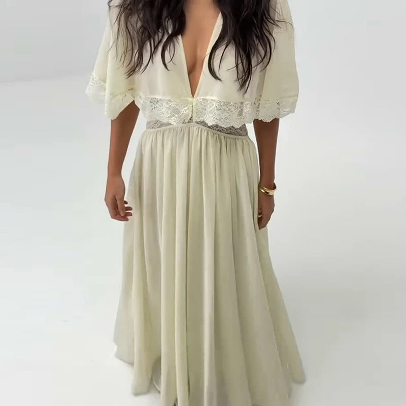 Elegant Short Sleeve Hollow Out Maxi Dresses Fashion Lace Patchwork Women Chiffon Dress 2026 Summer New Lady V Neck Long Robes