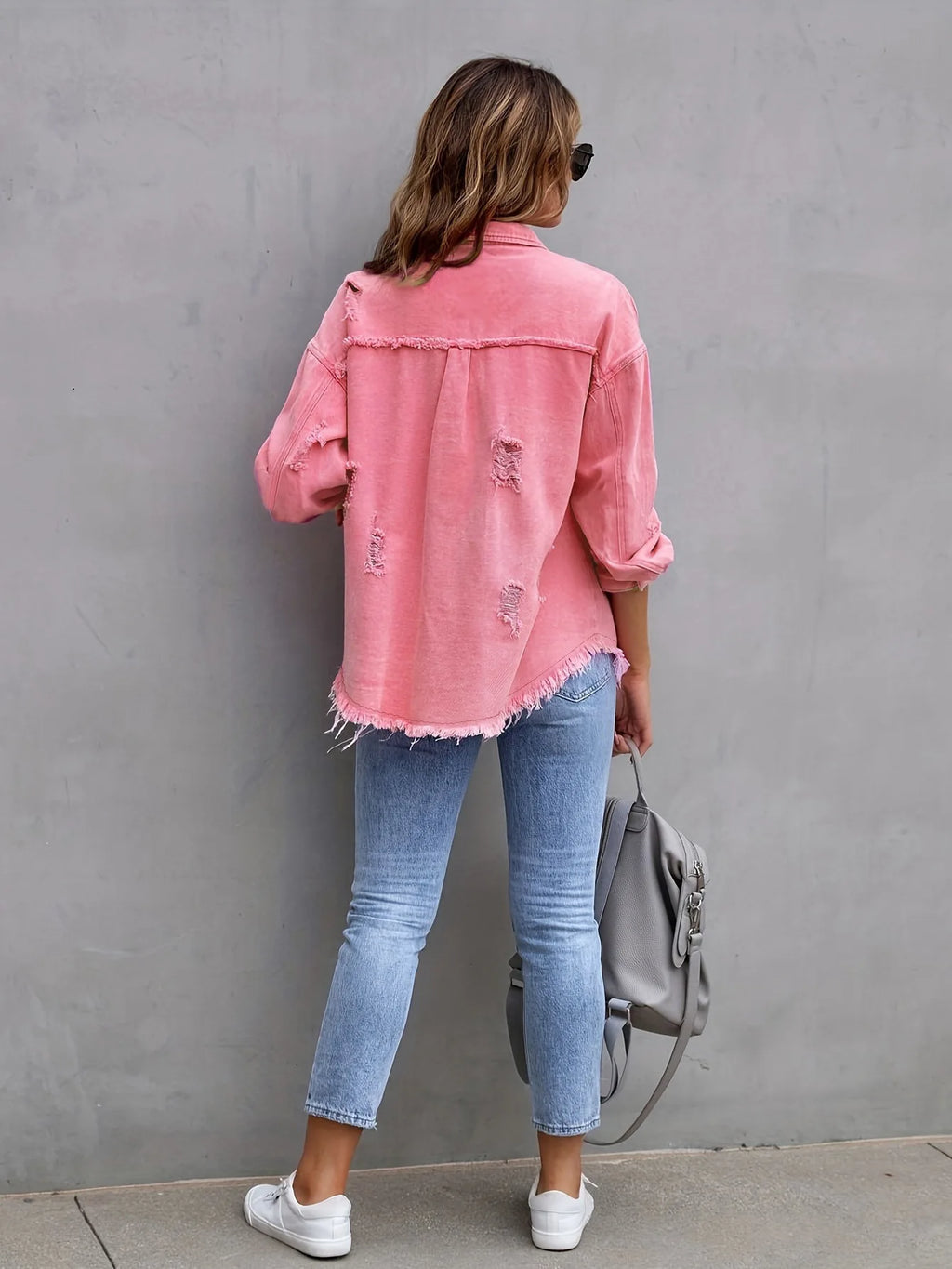 Women's Fashionable Solid Color Mid-Length Ripped Denim Jacket Long-Sleeved Spring Autumn Trend