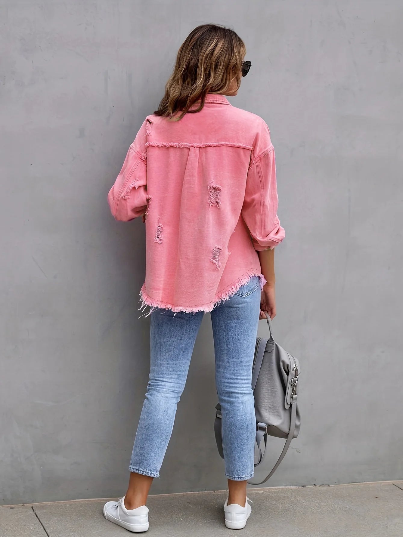 Women's Fashionable Solid Color Mid-Length Ripped Denim Jacket Long-Sleeved Spring Autumn Trend