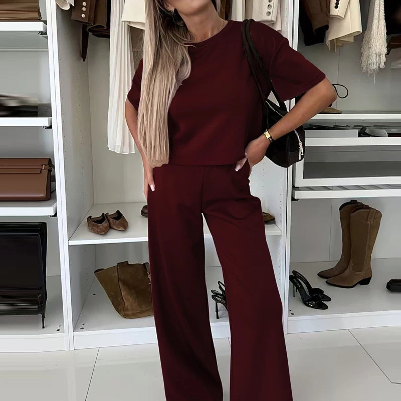 Women Fashion Simple Solid 2 Piece Sets Elegant O-neck Pullover Tops & Long Pant Suits Casual Short Sleeve Loose Summer Outfits