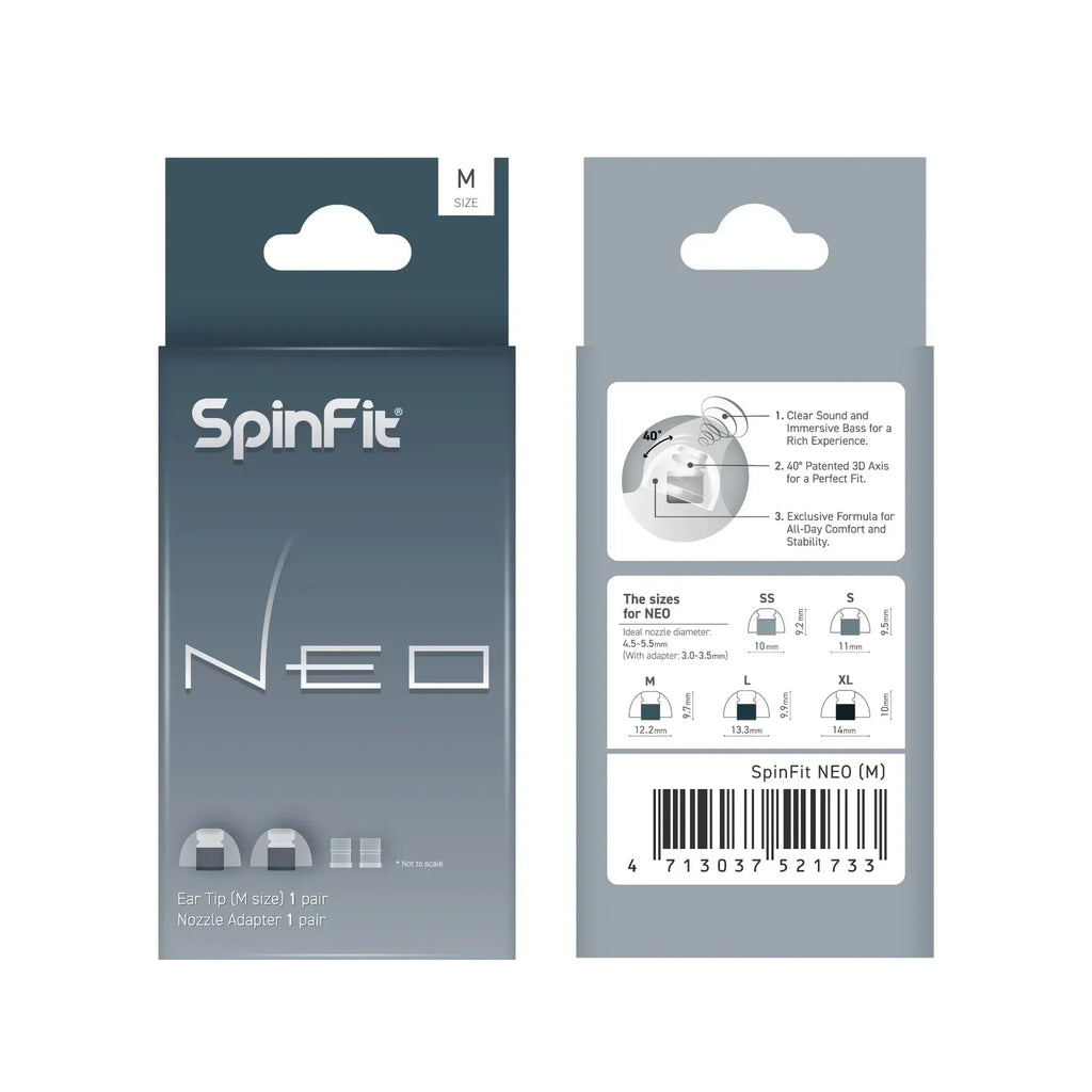 SpinFit NEO for IEM Silicone Patented Eartips Secure Fit Comfort Reduce Allergic Reaction with Adapters for Slim Nozzles 1 pair
