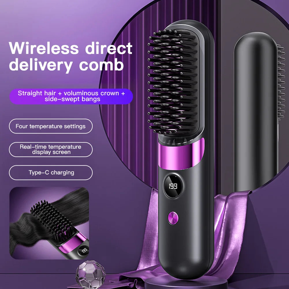 Portable Hair Straightener Cordless Comb with Negative Ion Fast Heating Rechargeable Brush for Straightening and Curling