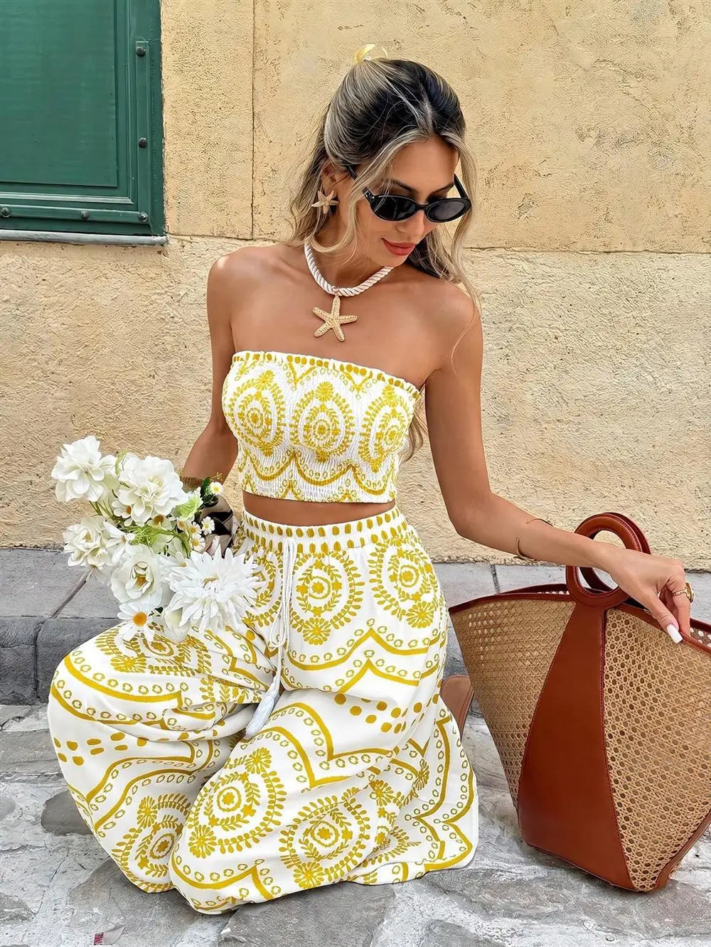 Bohemian Print Crop Top And Wide Leg Pants Two Piece Set for Women Summer Fashion Outfit Spicy Girl Casual Wear