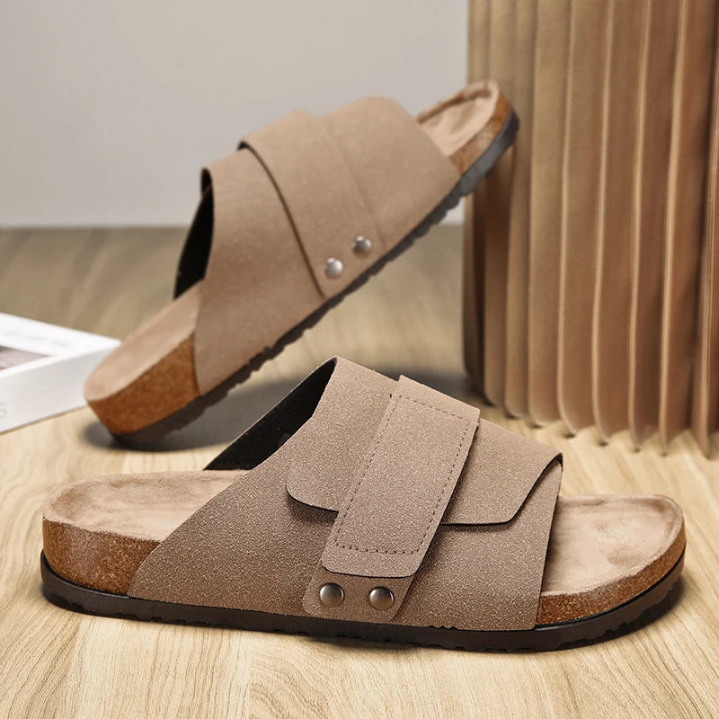 Men's Cork Slippers Suede Leather Clogs with Open Upper Comfort Footbed Adjustable Sandals Slides Indoor Home Shoes Women Couple