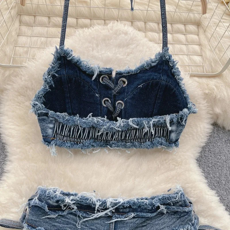 Retro Women Bikini Denim Suits Summer Halter Camis+ Mini Pant Lingerie Fashion Vacation Swimsuits Sexy Bra&Briefs Sets