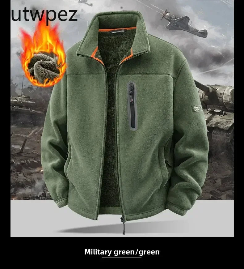 Outdoor High Collar Windproof Ski Sweatshirt Coat Man Snow Winter Warm Fleece Jacket Men Climbing Double Thickened Pocket Jacket