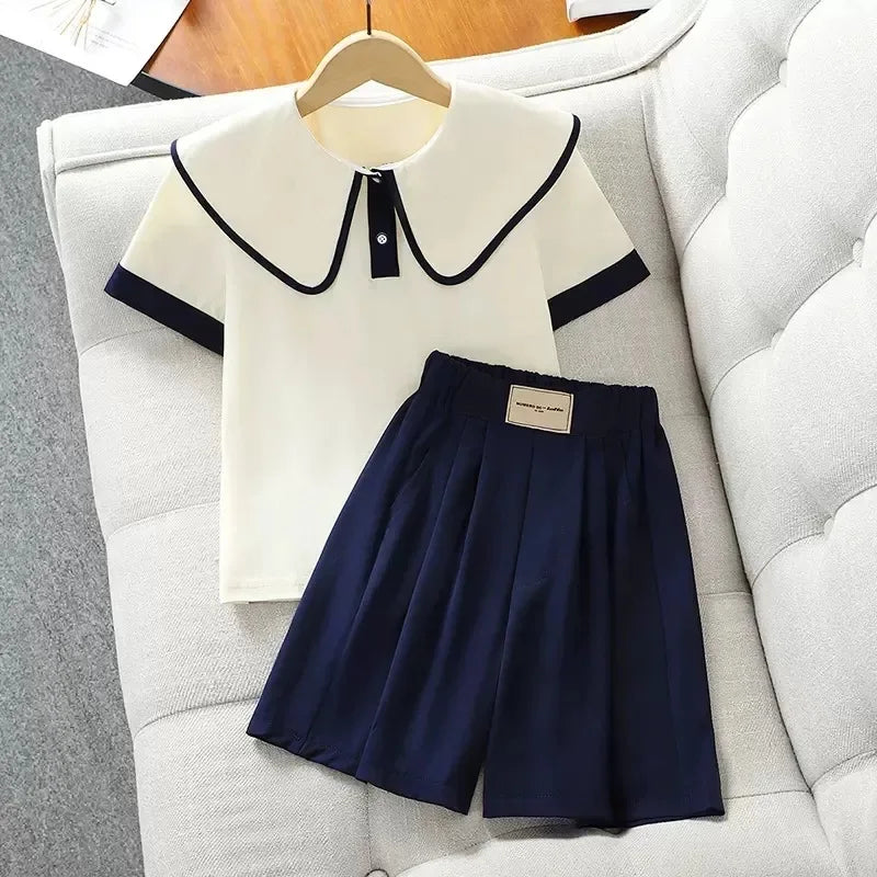 2026 New Summer Teenage Girls Clothing Sets Children Short Sleeve Top Shorts Two Piece Set Kids Casual Oufits School Clothing