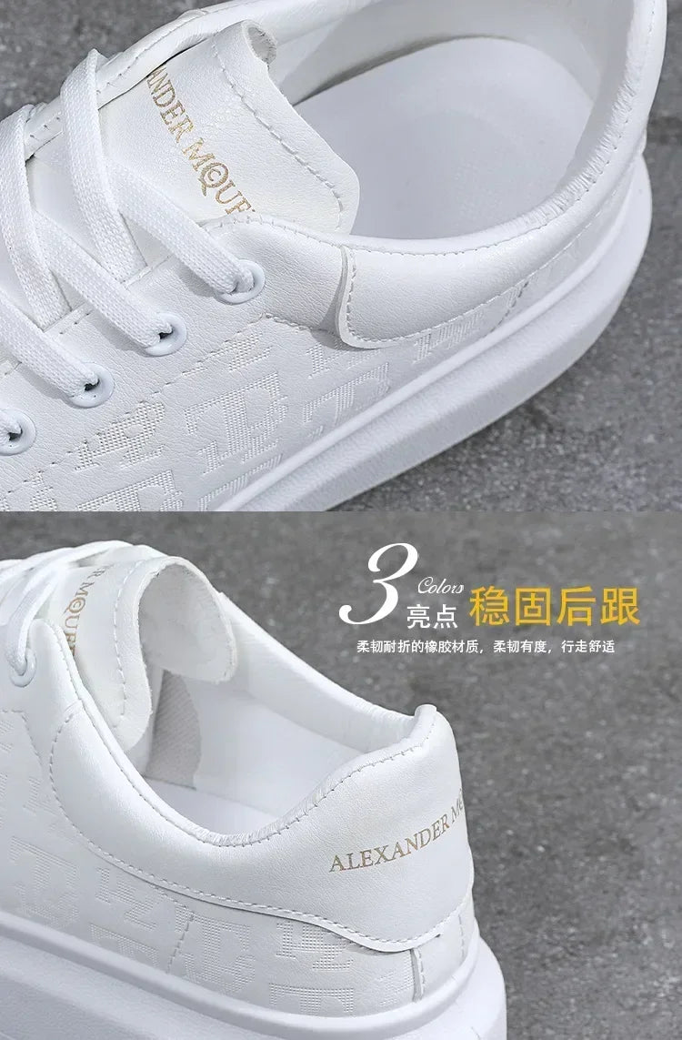 2026 Men's Casual Shoes Spring and Autumn Flat-soled Casual Leather Shoes Sports Shoes Black and White Men's Thick-soled Shoes