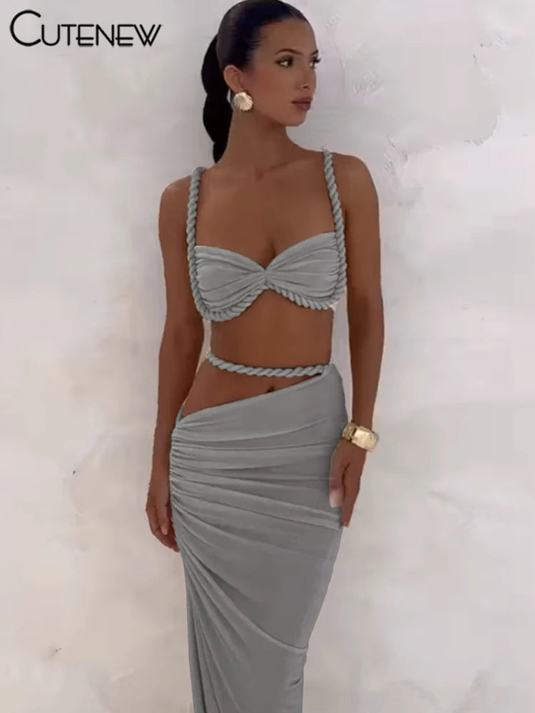 Cutenew Woven Matching Women 2 Piece Sexy Vacation Outfits Pleated Crop Camis+Shirring High Waist Maxi Skirts Solid Mujer Sets